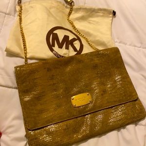 Michael Kors Faux Python gold/tan/metallic chain envelope clutch.